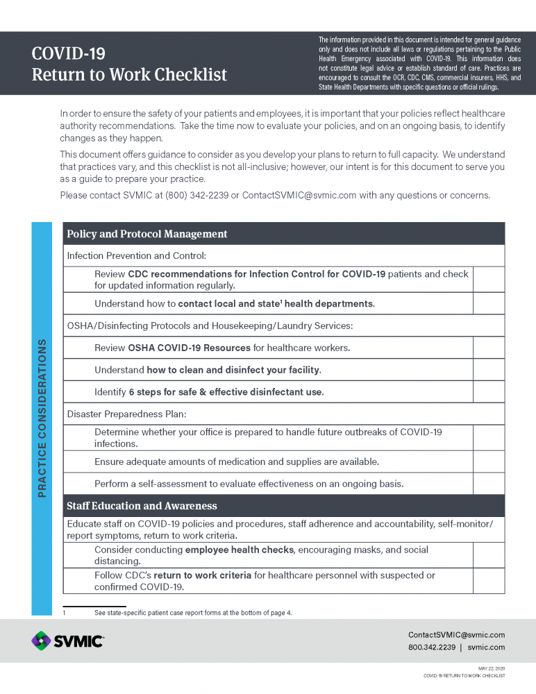 COVID-19 Return to Work Checklist